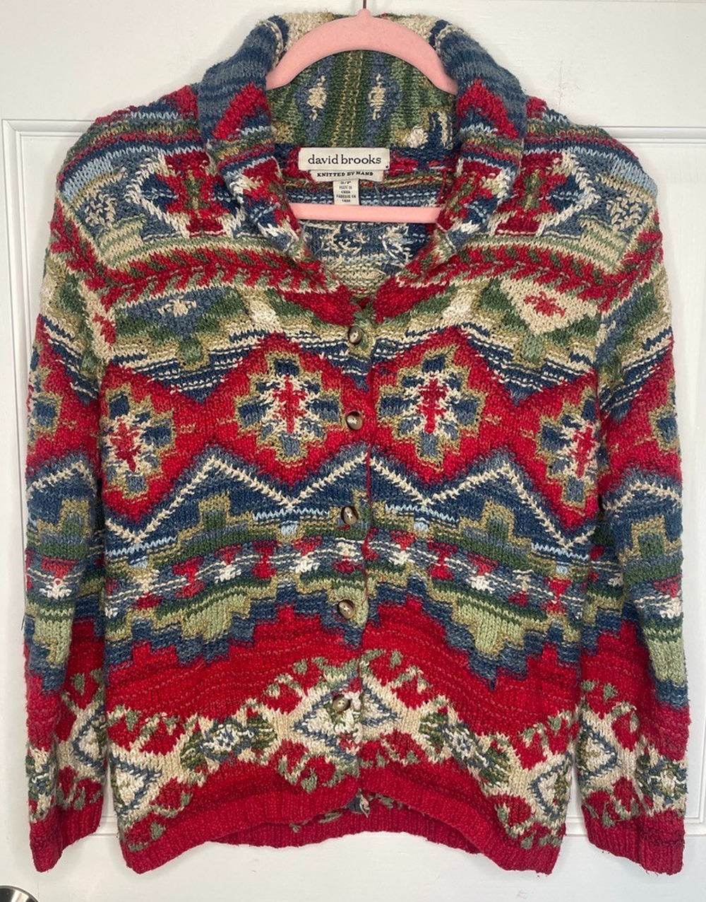 Vintage David Brooks Women's Hand Knit Sweater Cardigan Sz S Aztec Nordic Boho